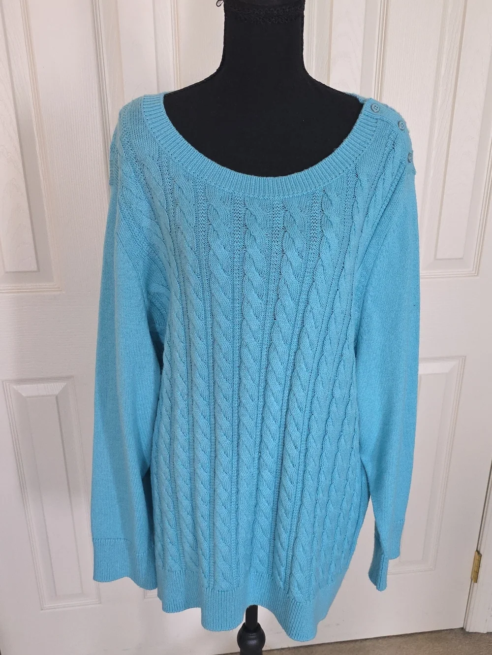 Talbots Bright Turquoise Cable Scoop Neck Sweater with Shoulder Buttons